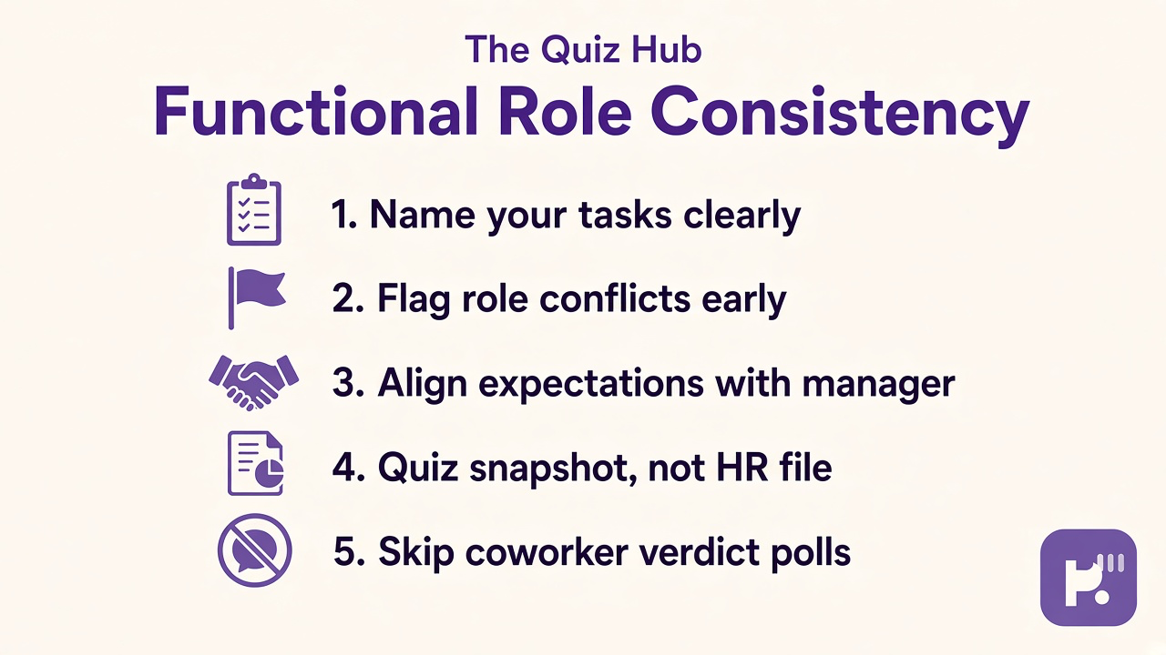 Role clarity tips: name your tasks, flag conflicts, align with manager, quiz not HR file, skip coworker verdict polls