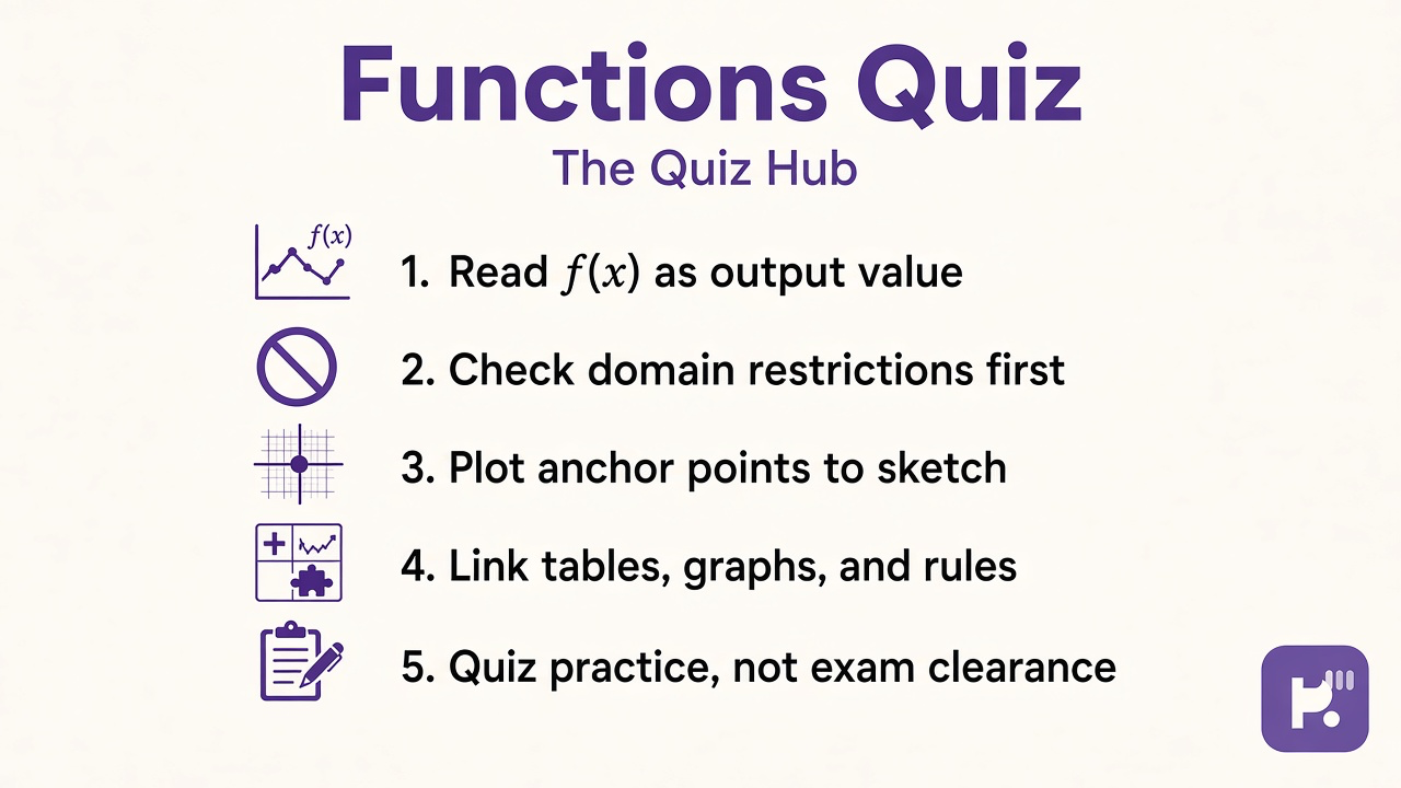 Functions quiz tips: read f(x) as output, check domain first, plot anchor points, quiz not final exam clearance
