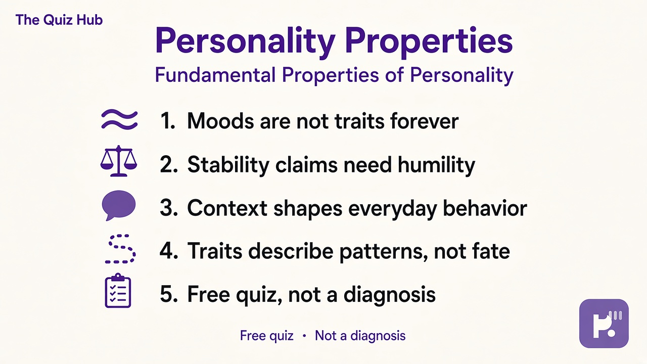 Trait literacy tips: moods are not traits forever, stability needs humility, context matters, quiz not diagnosis