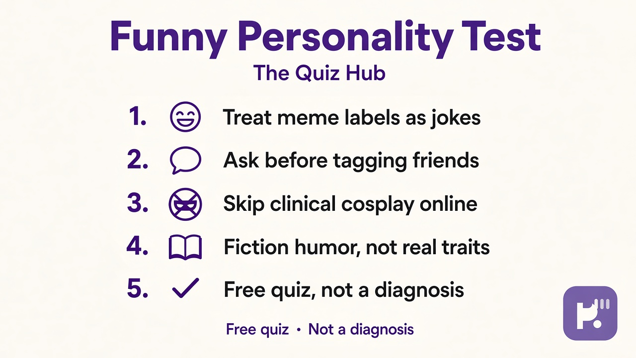 Funny personality test tips: treat labels as jokes; ask before tagging; skip clinical cosplay; quiz not diagnosis