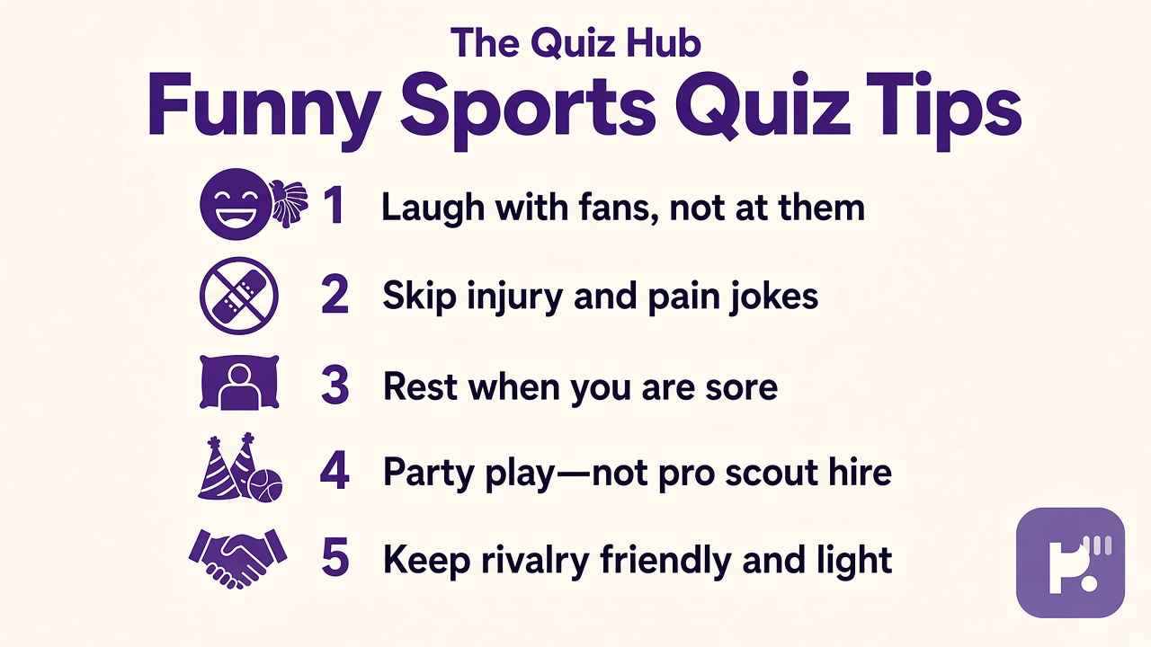 Funny sports quiz tips: laugh with fans; skip injury jokes; rest when sore; party play not pro scout hire
