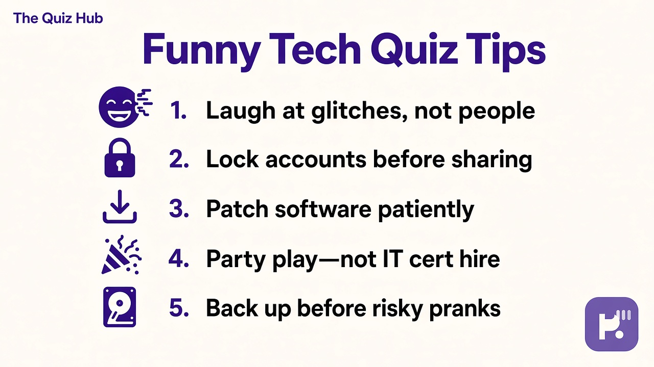 Funny technology quiz tips: laugh at glitches; lock accounts; patch patiently; party play not IT cert hire