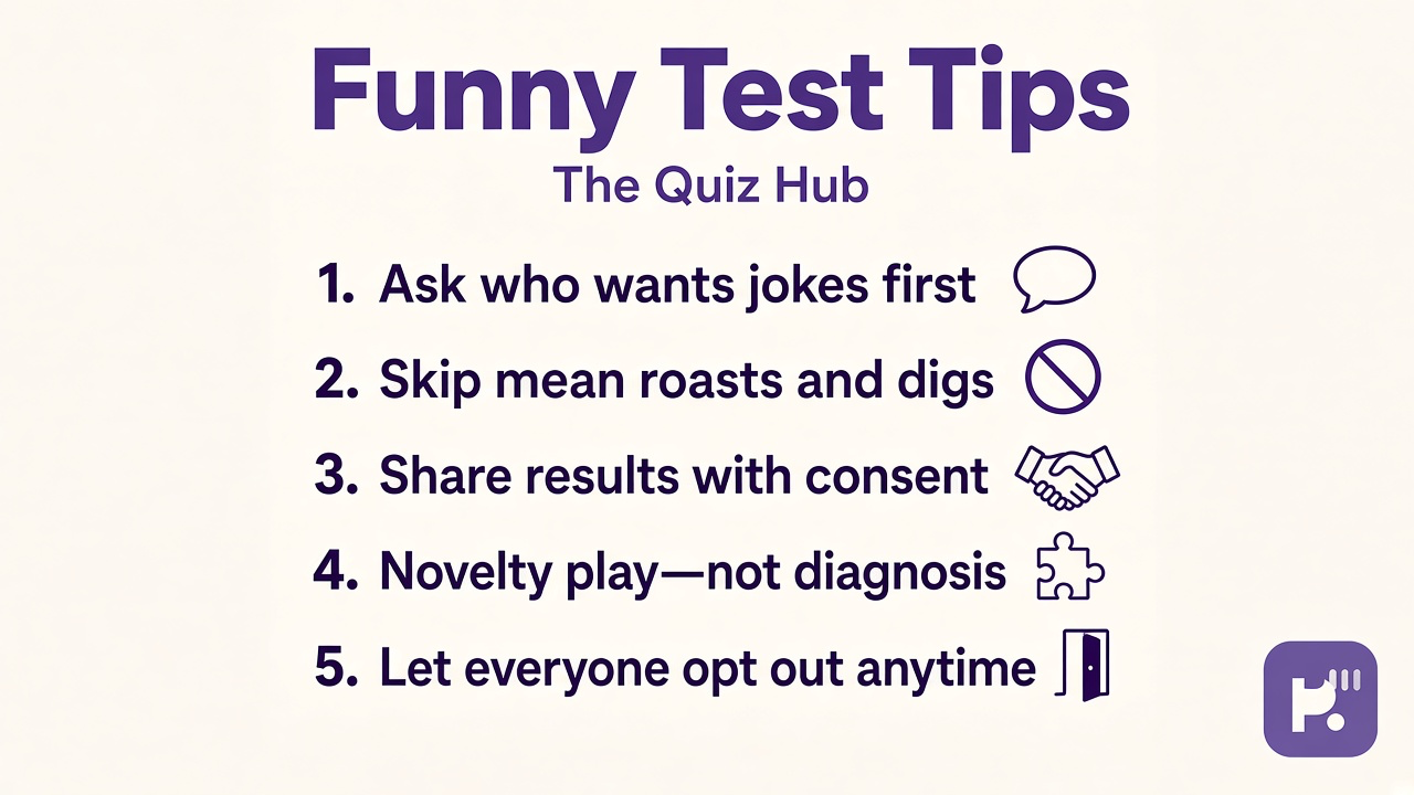 Funny test tips: ask who wants jokes; skip mean roasts; share with consent; novelty play not diagnosis