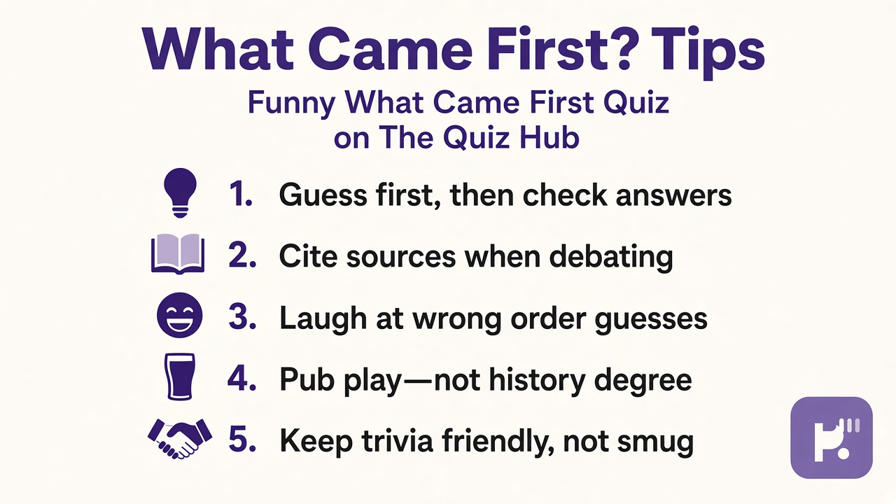 What came first quiz tips: guess then check; cite sources; laugh at wrong order; pub play not history degree