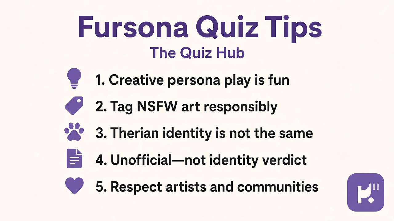Fursona quiz tips: creative persona play; tag NSFW; therian not same; unofficial not identity verdict