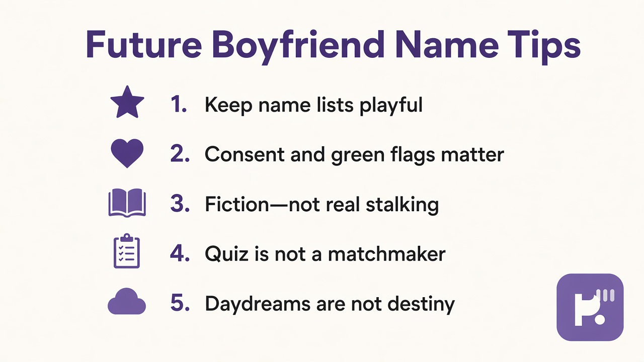 Future boyfriend name tips: playful lists; consent green flags; fiction not real stalking; quiz not matchmaker