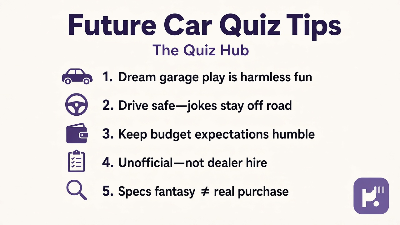 Future car quiz tips: dream garage play; drive safe jokes; budget humble; unofficial not dealer hire