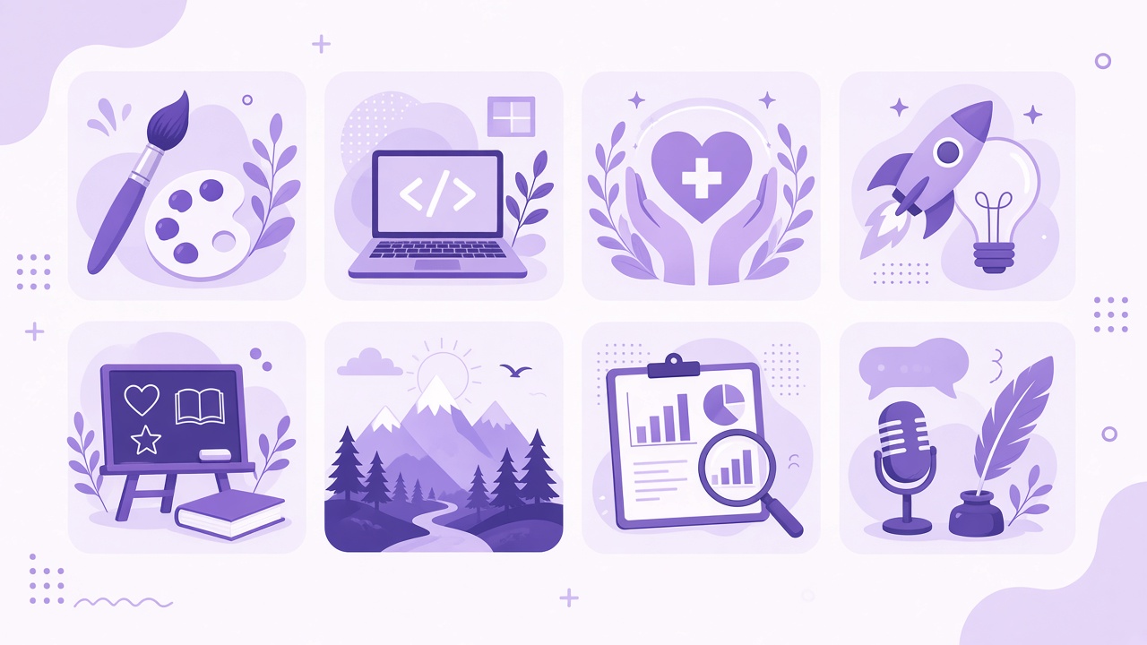 Future career quiz diagram with eight whimsical career archetype icons in purple