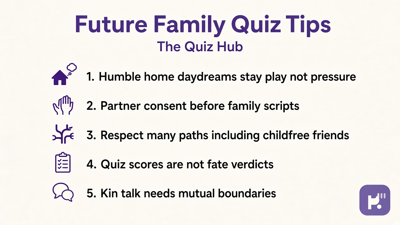Future family tips: humble home daydreams; partner consent; respect many paths; quiz not fate verdict