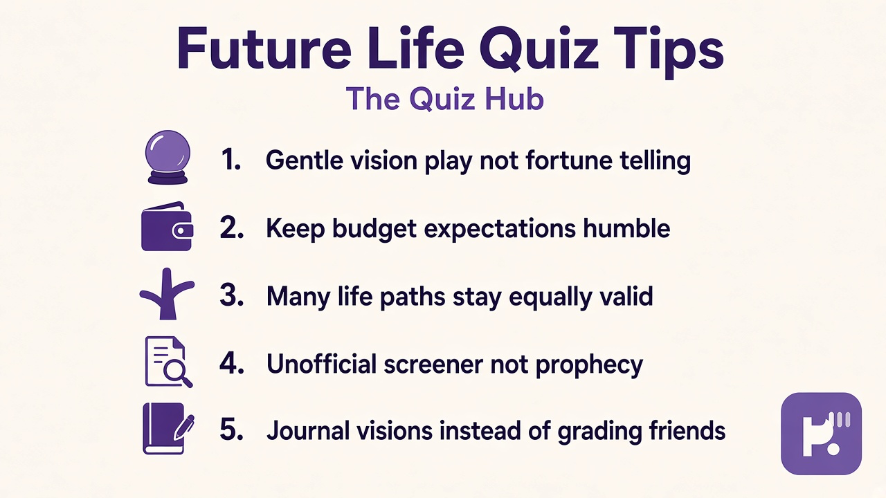 Future life quiz tips: gentle vision play; budget humble; many paths valid; unofficial not fortune verdict