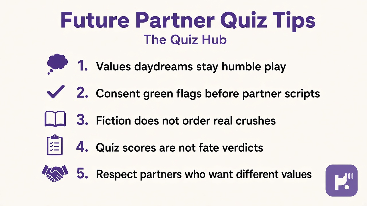 Future partner tips: values daydreams; consent green flags; fiction not crush orders; quiz not fate