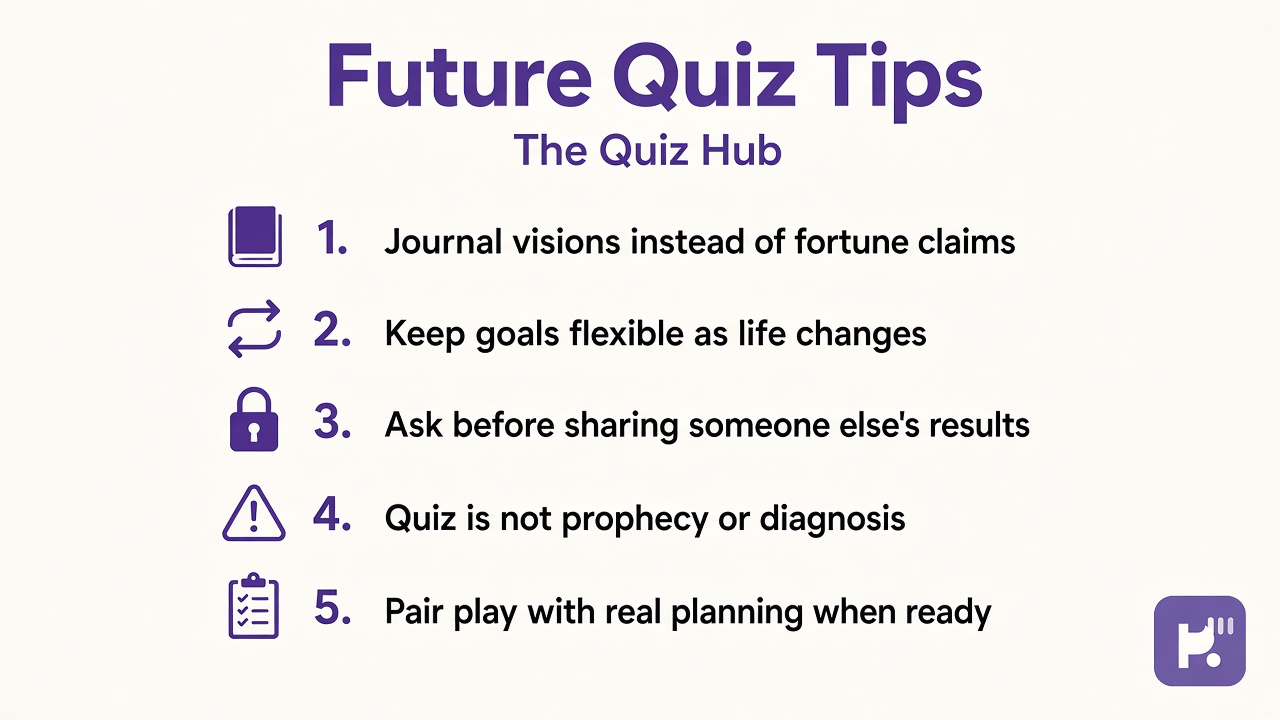 Future quiz tips: journal visions; flexible goals; ask before sharing; quiz not prophecy