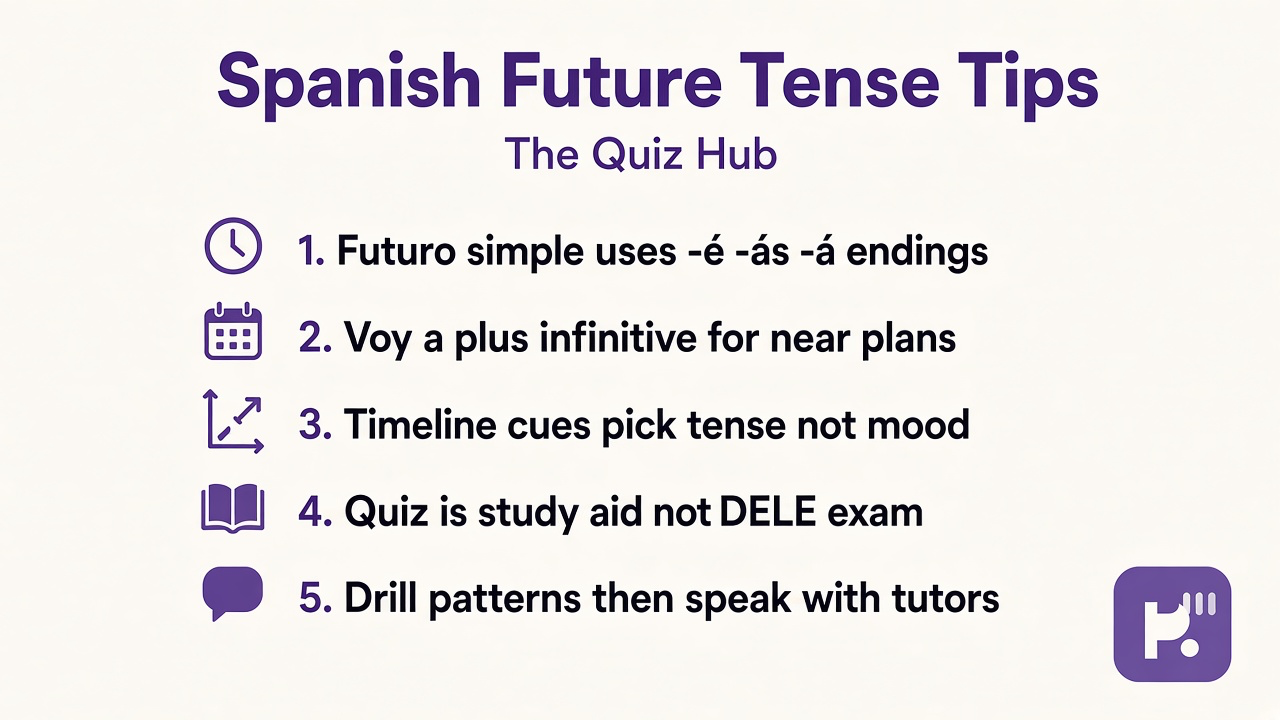 Spanish future tips: futuro -é endings; voy a + infinitive; timeline cues; quiz not DELE