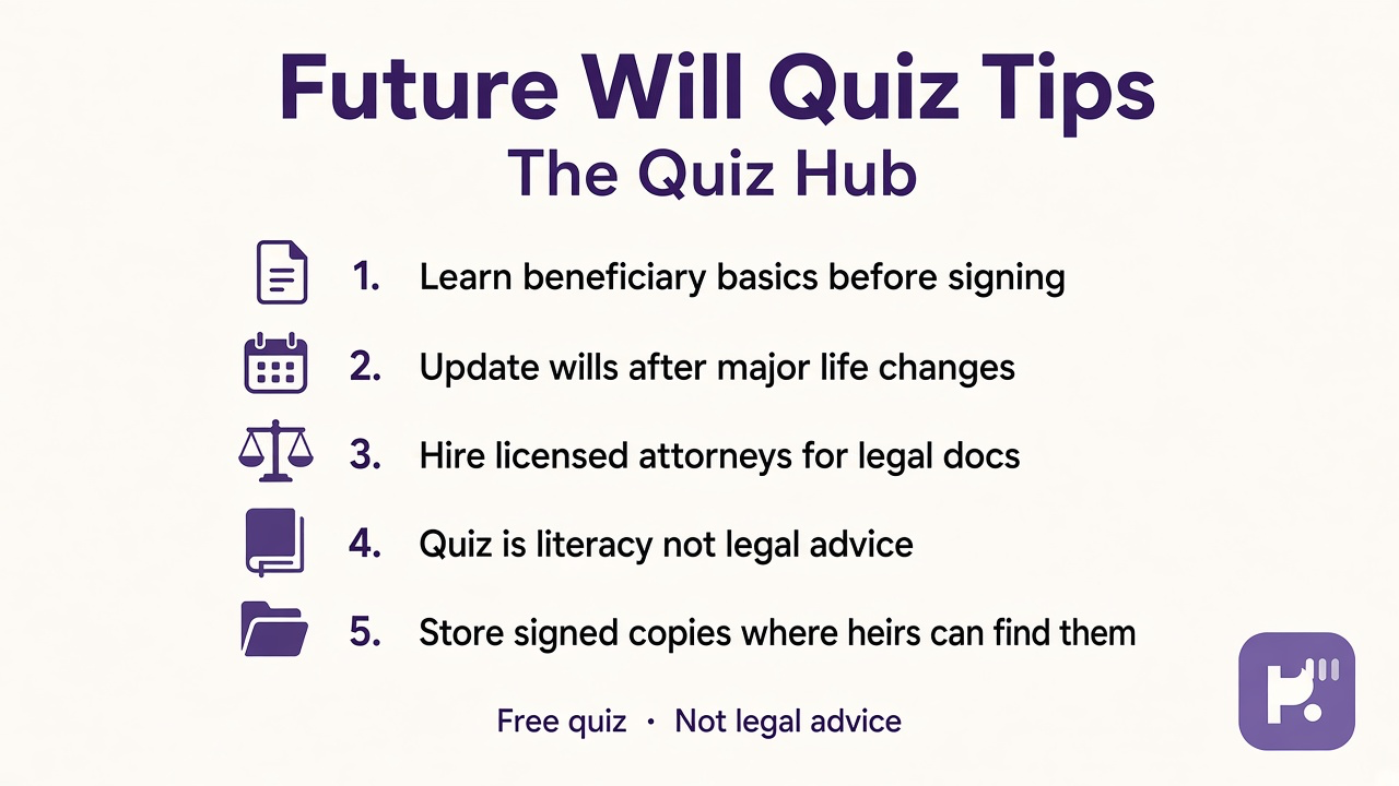 Future will tips: beneficiary basics; update after life changes; hire attorneys; quiz not legal advice