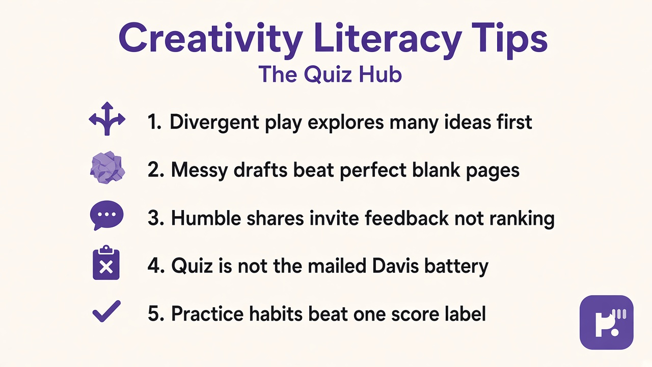 G Davis creativity tips: divergent play; messy drafts; humble shares; quiz not mailed battery