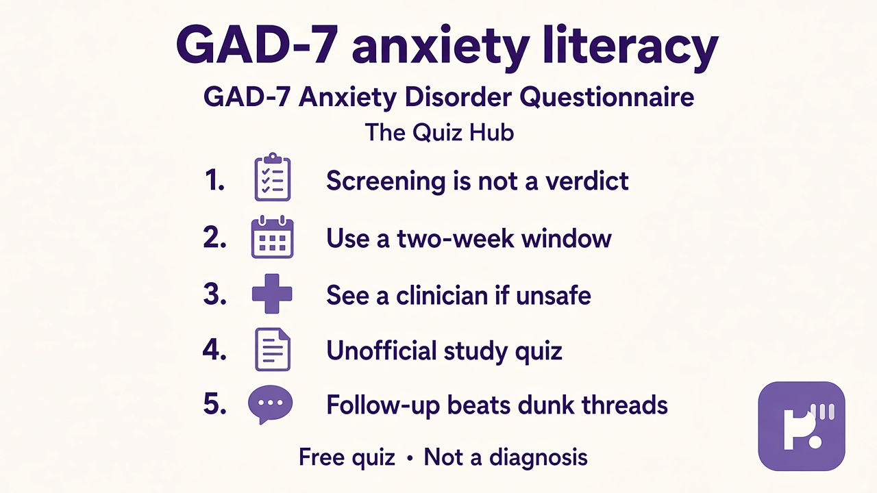 GAD-7 tips: screening not verdict; two-week window; see clinician if unsafe; unofficial quiz; follow-up not dunk threads