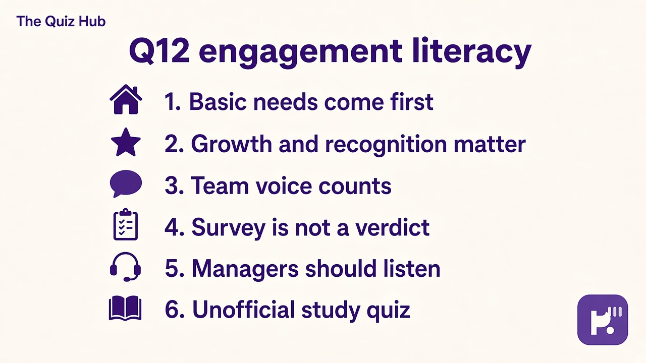 Q12 tips: basic needs, growth, team voice; survey not verdict; manager listen; unofficial study quiz