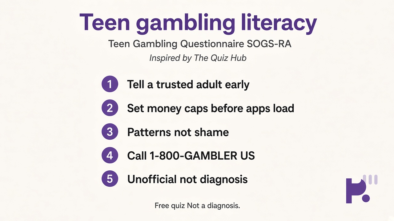 Teen gambling tips: tell a trusted adult, set limits, patterns not shame, 1-800-GAMBLER, unofficial not diagnosis
