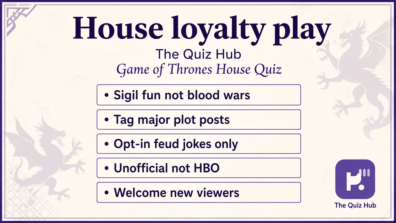 GoT house quiz tips: sigil play not blood war, tag spoilers, welcome casual fans, unofficial not HBO
