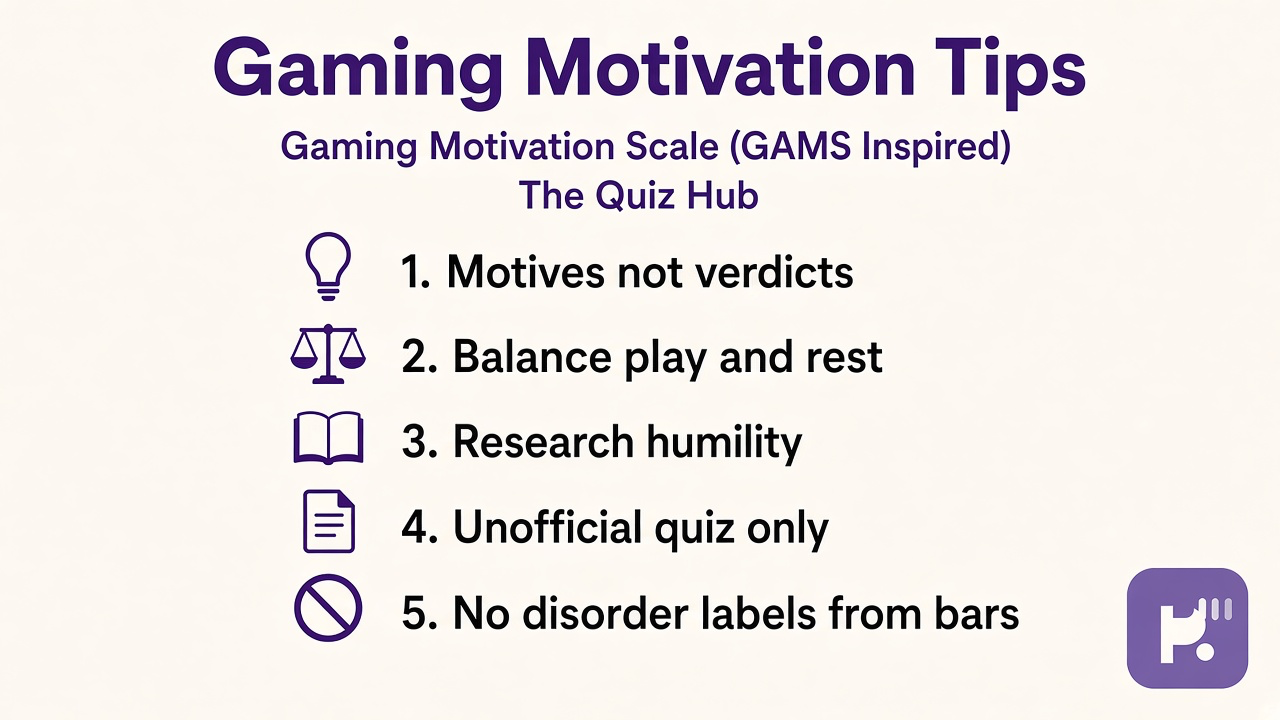 GAMS tips: motives not verdicts; balance play; research humility; unofficial quiz; no disorder labels from bars