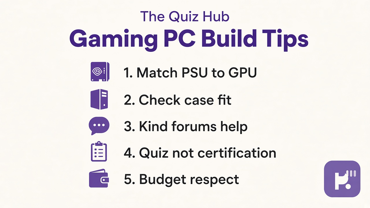 Gaming PC tips: match PSU to GPU; check case fit; kind forums; quiz not cert; budget respect