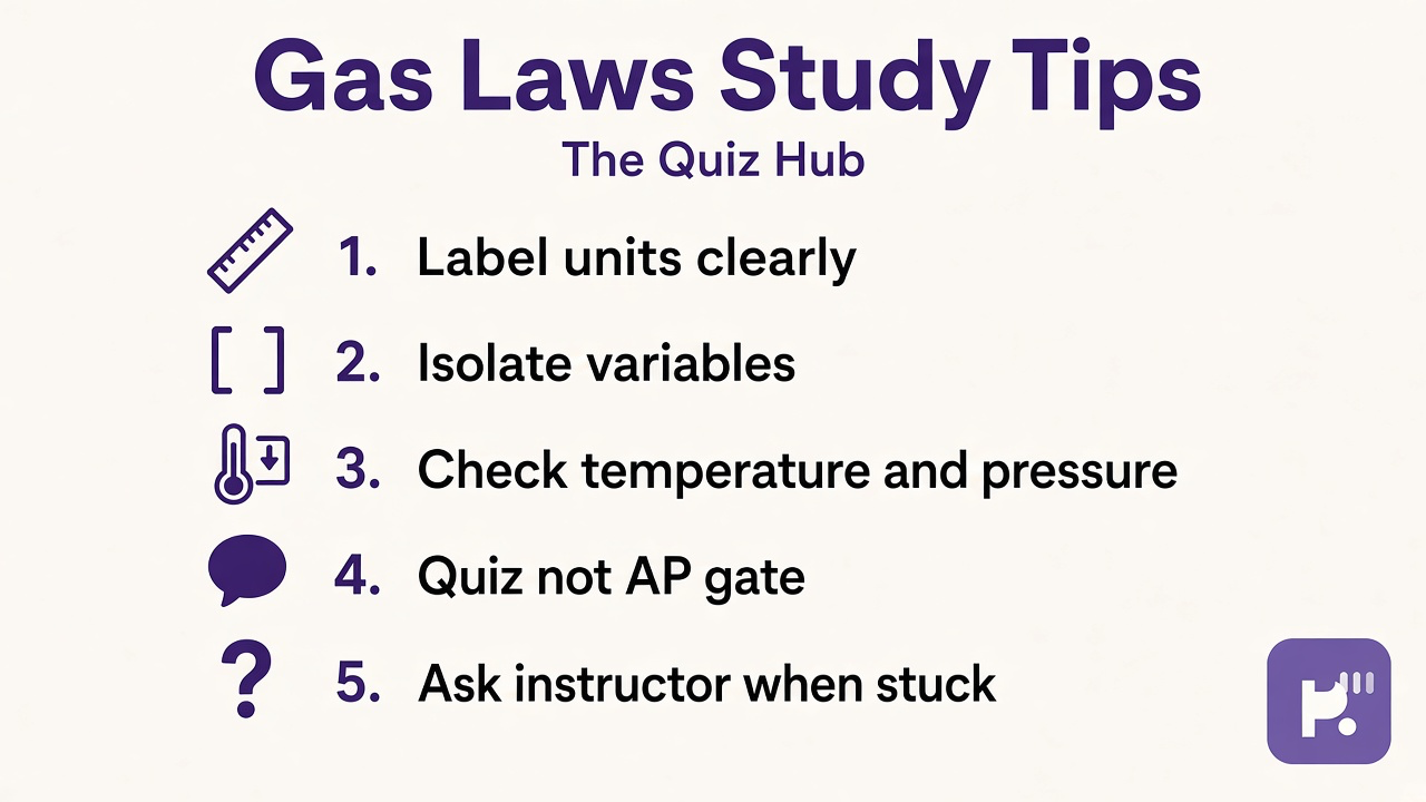 Gas laws tips: label units; isolate variables; check conditions; quiz not AP gate; ask instructor