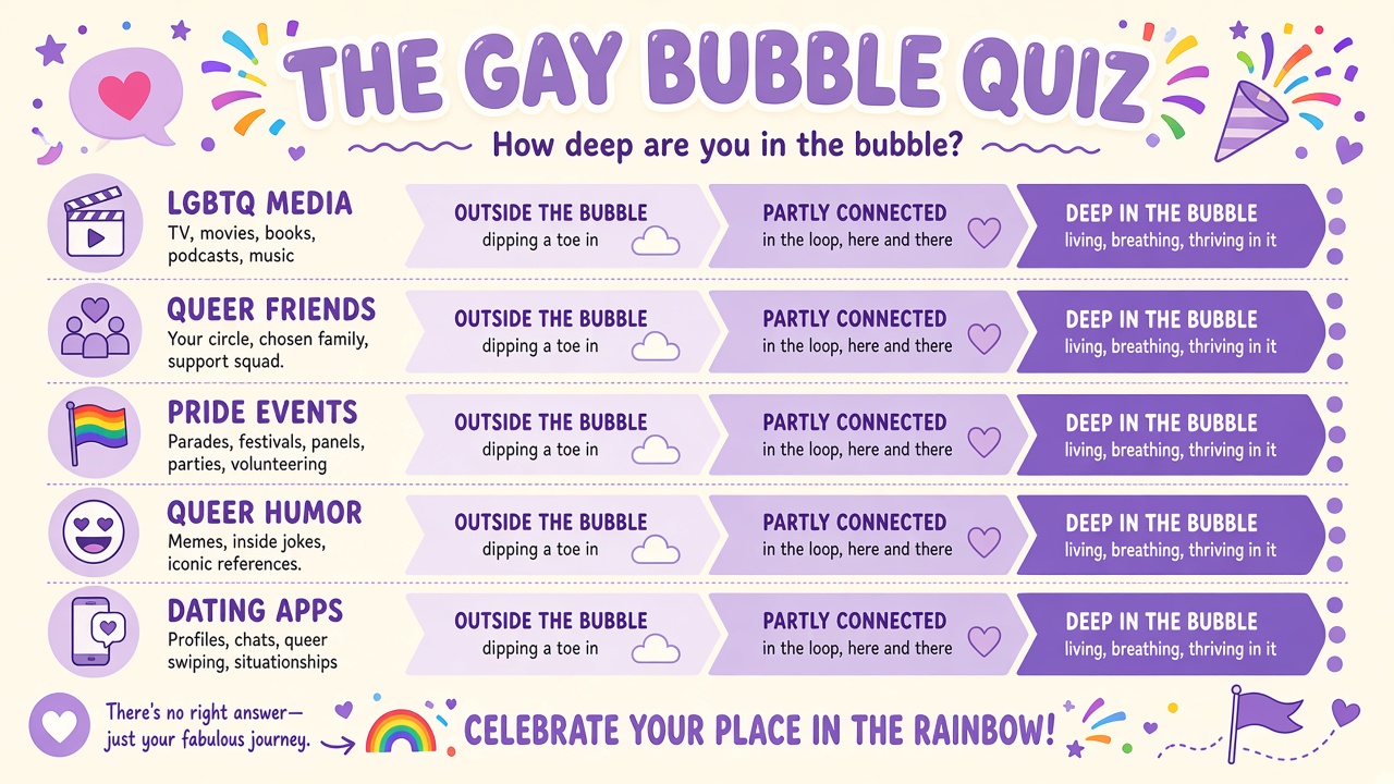 Gay bubble quiz diagram with five queer social domain bars and three playful bands for The Quiz Hub results