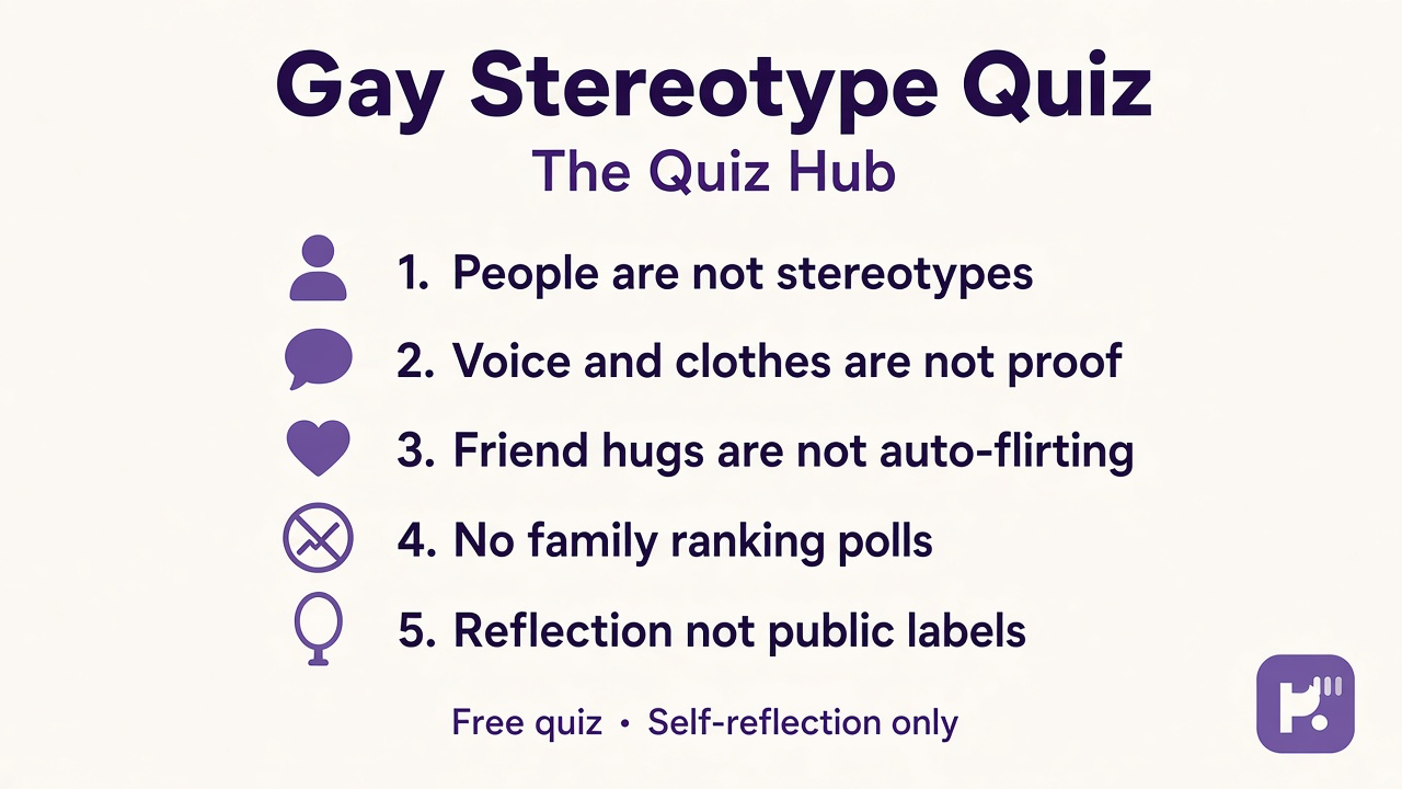 Gay stereotype quiz tips: people not props; hobbies not proof; skip voice myths; no outing; reflection only