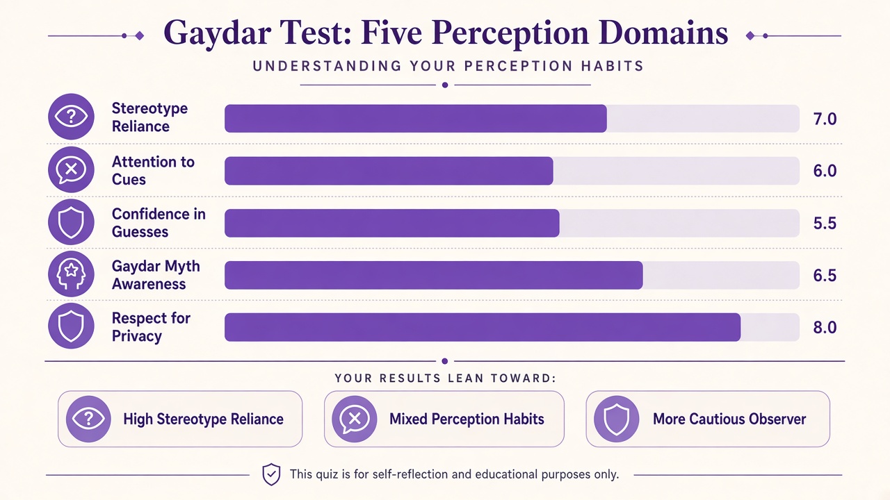 Gaydar test diagram with five perception domain bars and three educational bands for The Quiz Hub results