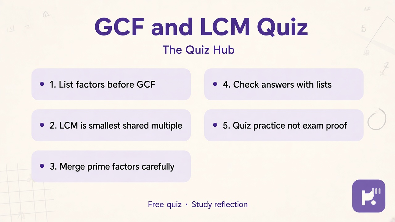 GCF and LCM tips: list factors; prime merge; check multiples; quiz not exam proof; show your work