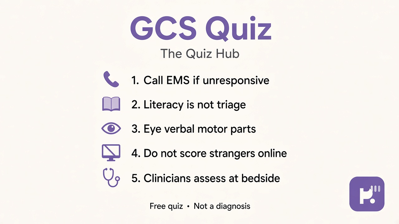 GCS tips: call EMS if unresponsive; literacy not triage; eye verbal motor; unofficial quiz; clinicians score at bedside