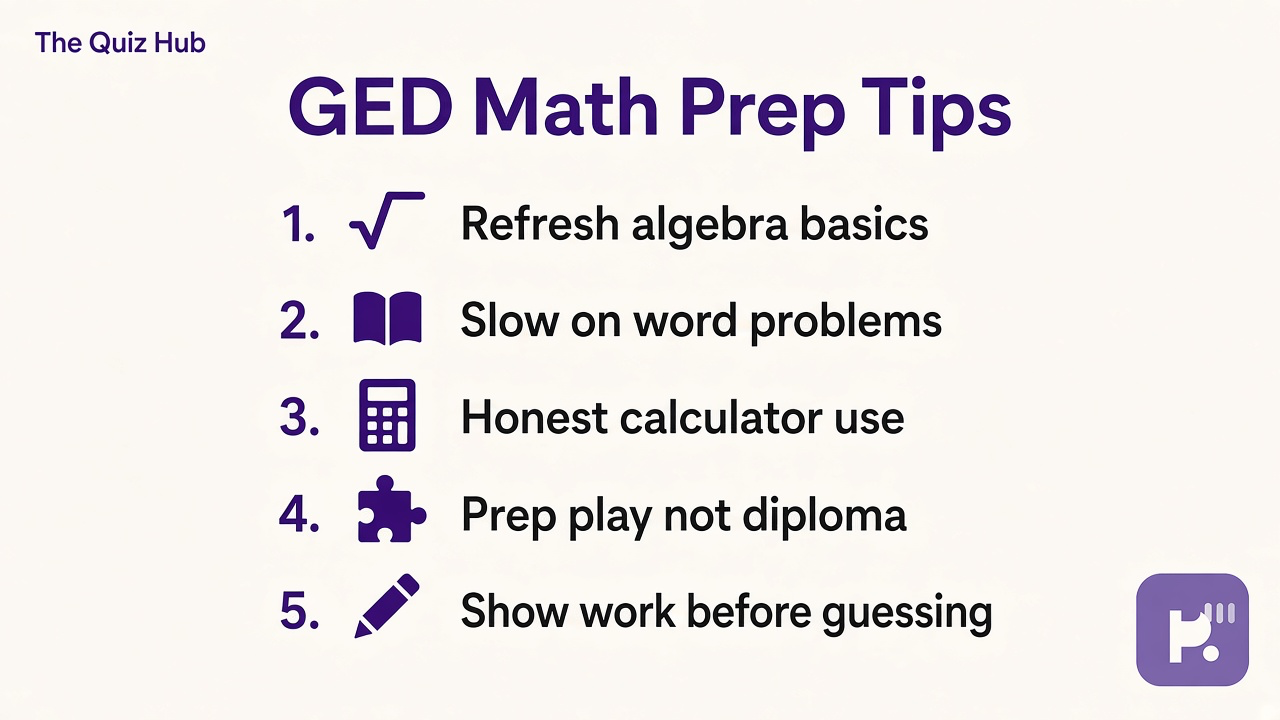 GED math quiz tips: refresh algebra; slow word problems; honest calculator use; prep play not official diploma