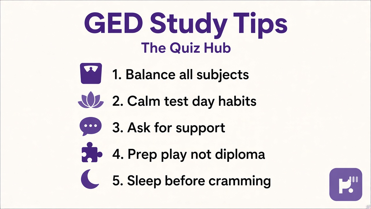 GED quiz tips: balance subjects; calm test day; ask for support; prep play not official diploma battery