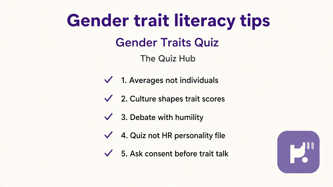 Gender trait tips: averages not individuals; culture shapes scores; humility; quiz not HR file