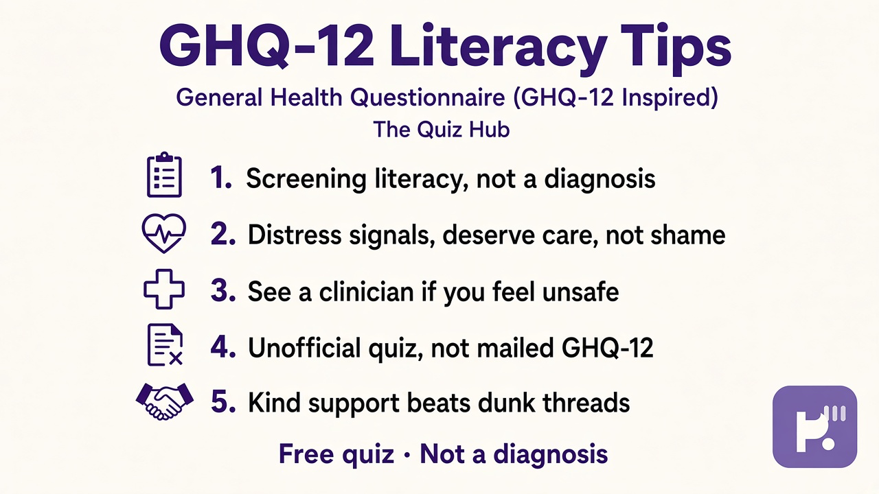 GHQ-12 tips: screening literacy; distress not verdict; clinician if unsafe; unofficial quiz; kind support not dunk threads