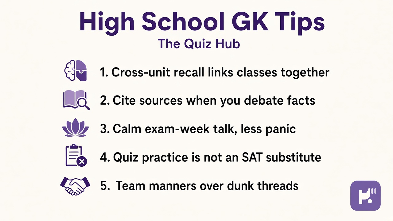 High school GK tips: cross-unit recall; cite sources; calm exam week talk; quiz not SAT substitute