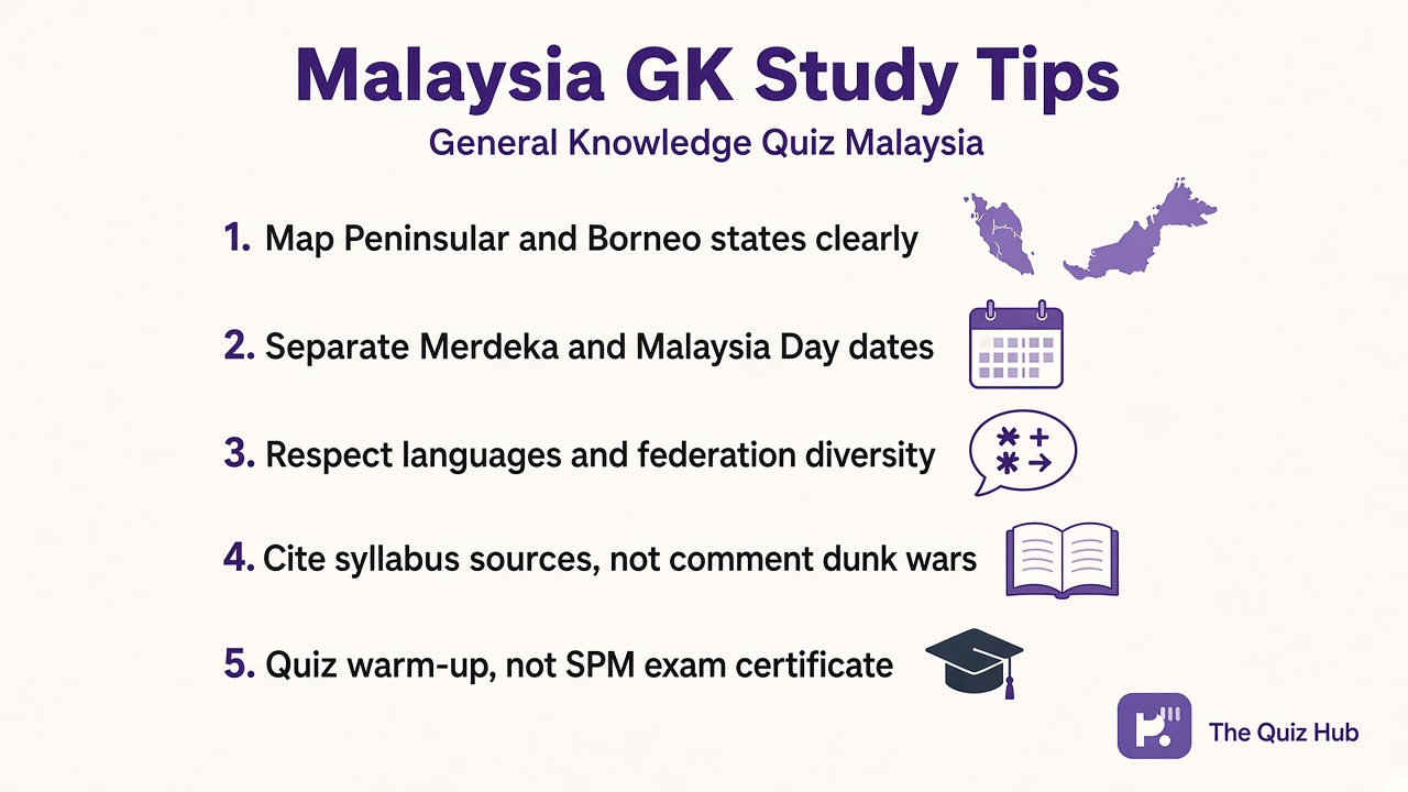 Malaysia GK tips: map peninsular and Borneo states; Merdeka vs Malaysia Day; respect languages; quiz not SPM