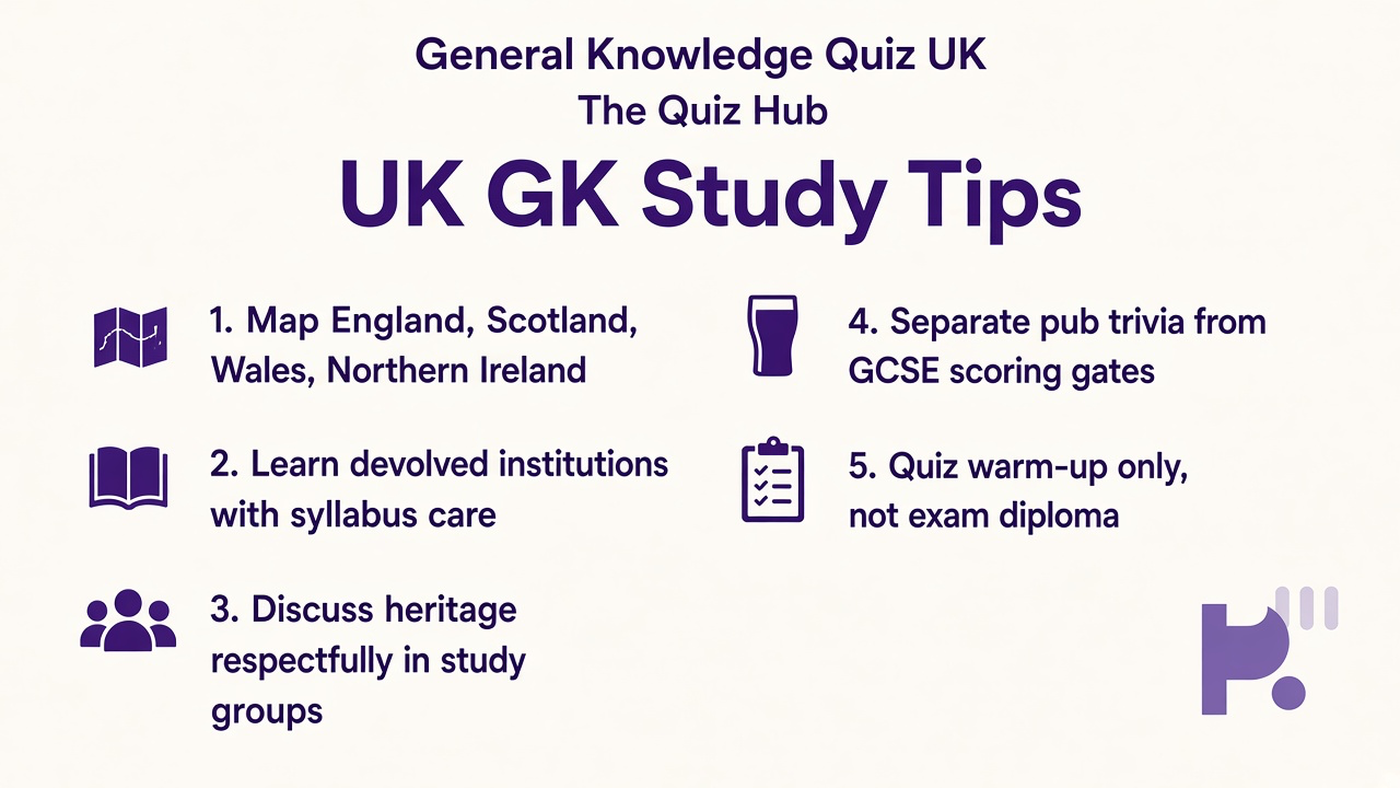 UK GK tips: map four nations; devolved institutions; respectful heritage; quiz not GCSE