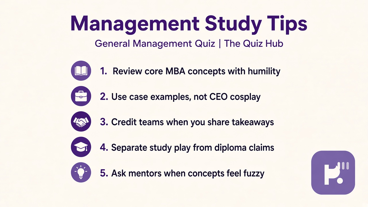 Management quiz tips: core concepts; case humility; credit teams; study play not MBA diploma or CEO cosplay