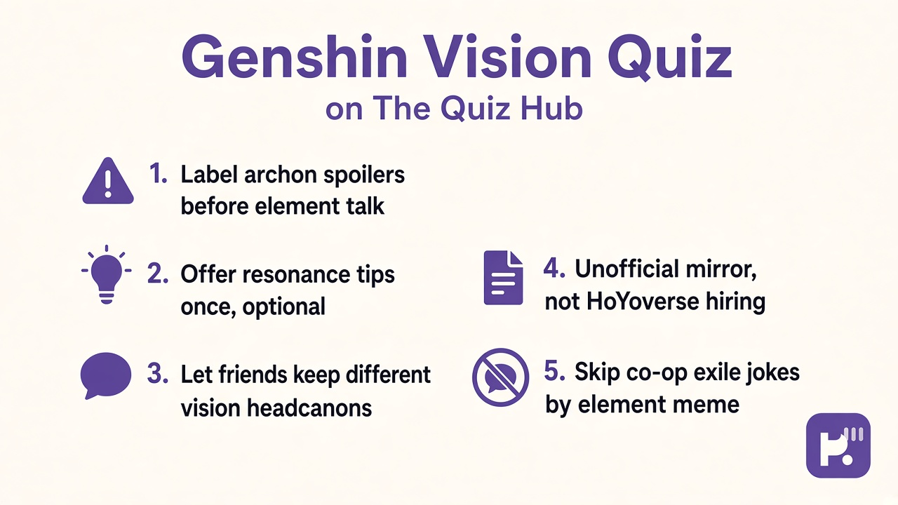 Genshin vision quiz tips: lore labels; kind resonance talk; playful elements; unofficial not HoYoverse; fan mirror only
