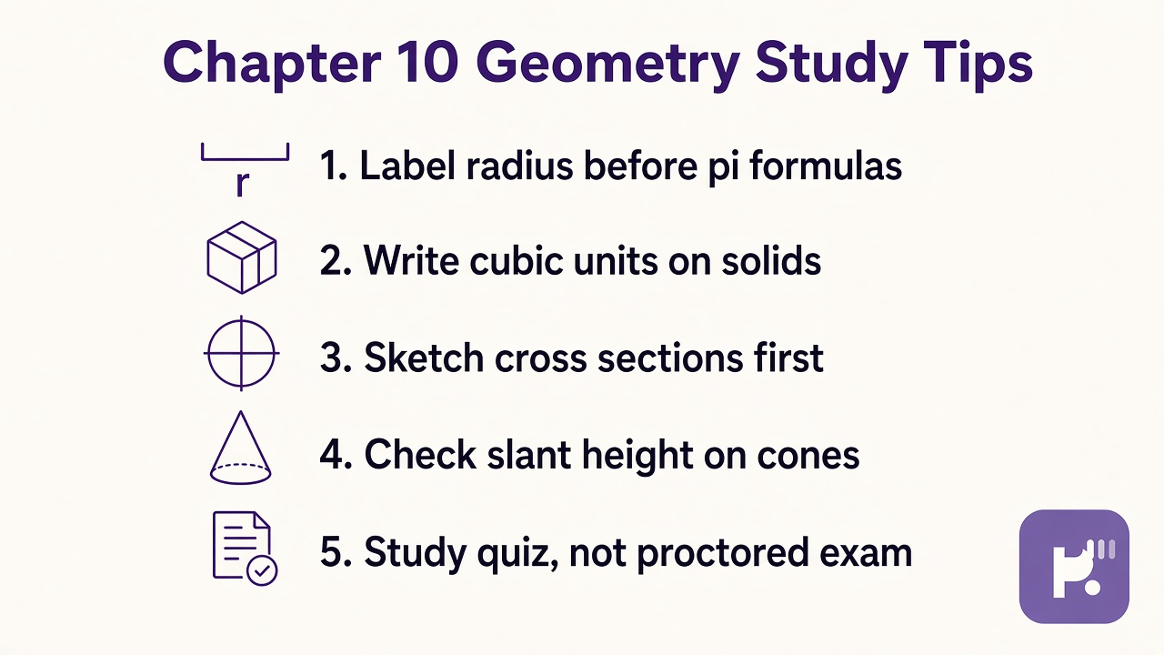 Chapter 10 geometry tips: label radius; volume units; sketch solids; check pi context; study quiz not proctored exam