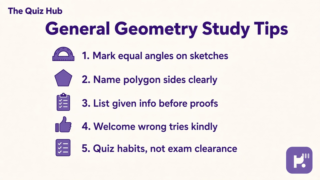 General geometry tips: mark equal angles; name polygon sides; show steps; ask before dunking; study quiz not proctored exam