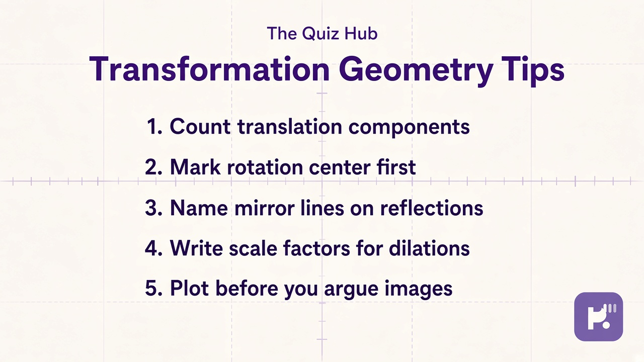 Transform tips: track orientation, name rotation center, check scale factor, plot first, study quiz not exam