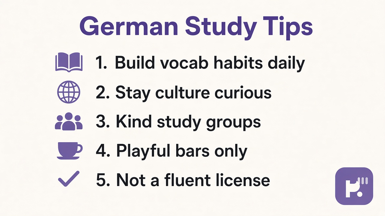 German quiz tips: vocab habits; culture curiosity; kind study groups; playful bars not fluent license dunk threads