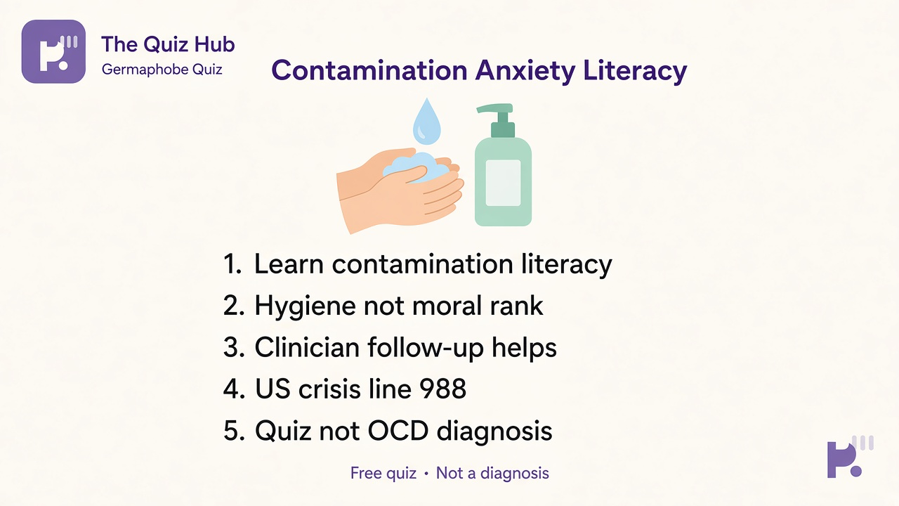Germaphobe tips: contamination literacy; hygiene not moral rank; clinician follow-up; 988 crisis; quiz not OCD dx