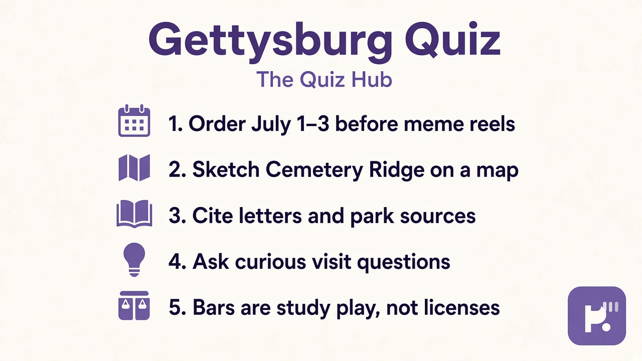 Gettysburg quiz tips: July 1863 timeline; map before memes; cite sources; playful bars not historian license dunk threads