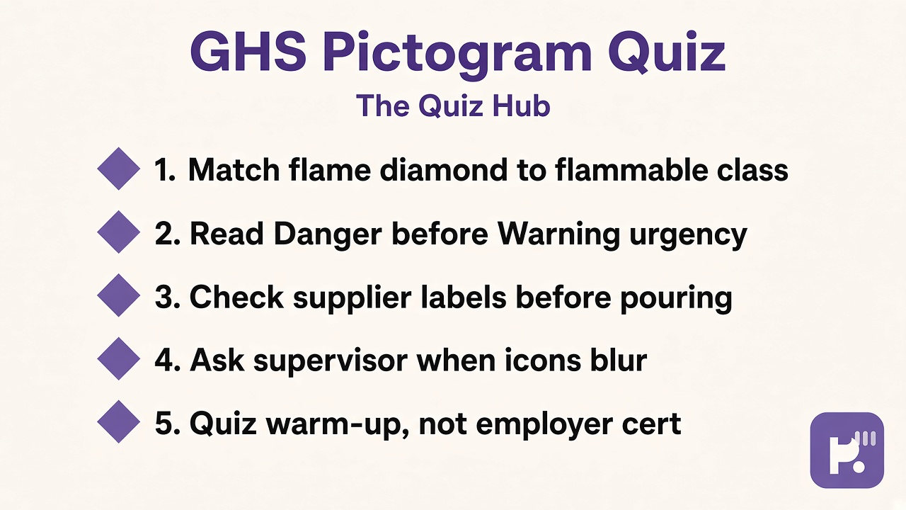 GHS pictogram quiz tips: match hazard class; read Danger vs Warning; check labels; quiz not employer cert