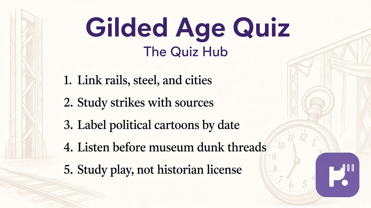 Gilded Age tips: industry and labor context, reform timelines, cite sources, humble bars, study quiz not historian license