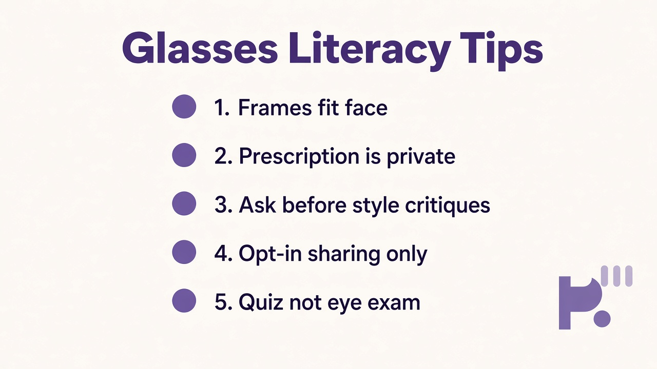 Glasses tips: frame fit vocabulary; clean lenses kindly; confidence not cosplay; quiz not eye exam; skip roast threads