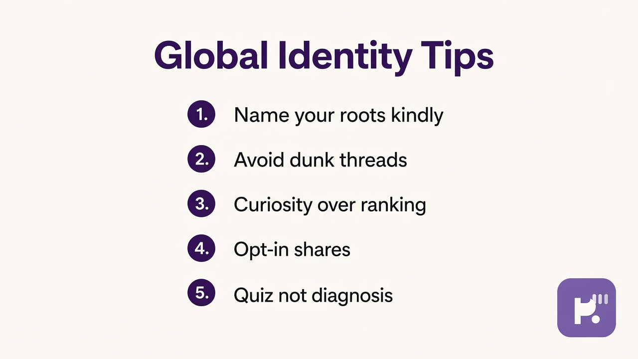 Global identity tips: honor roots; cross-cultural listening; humanity care; quiz not passport proof; skip dunk threads